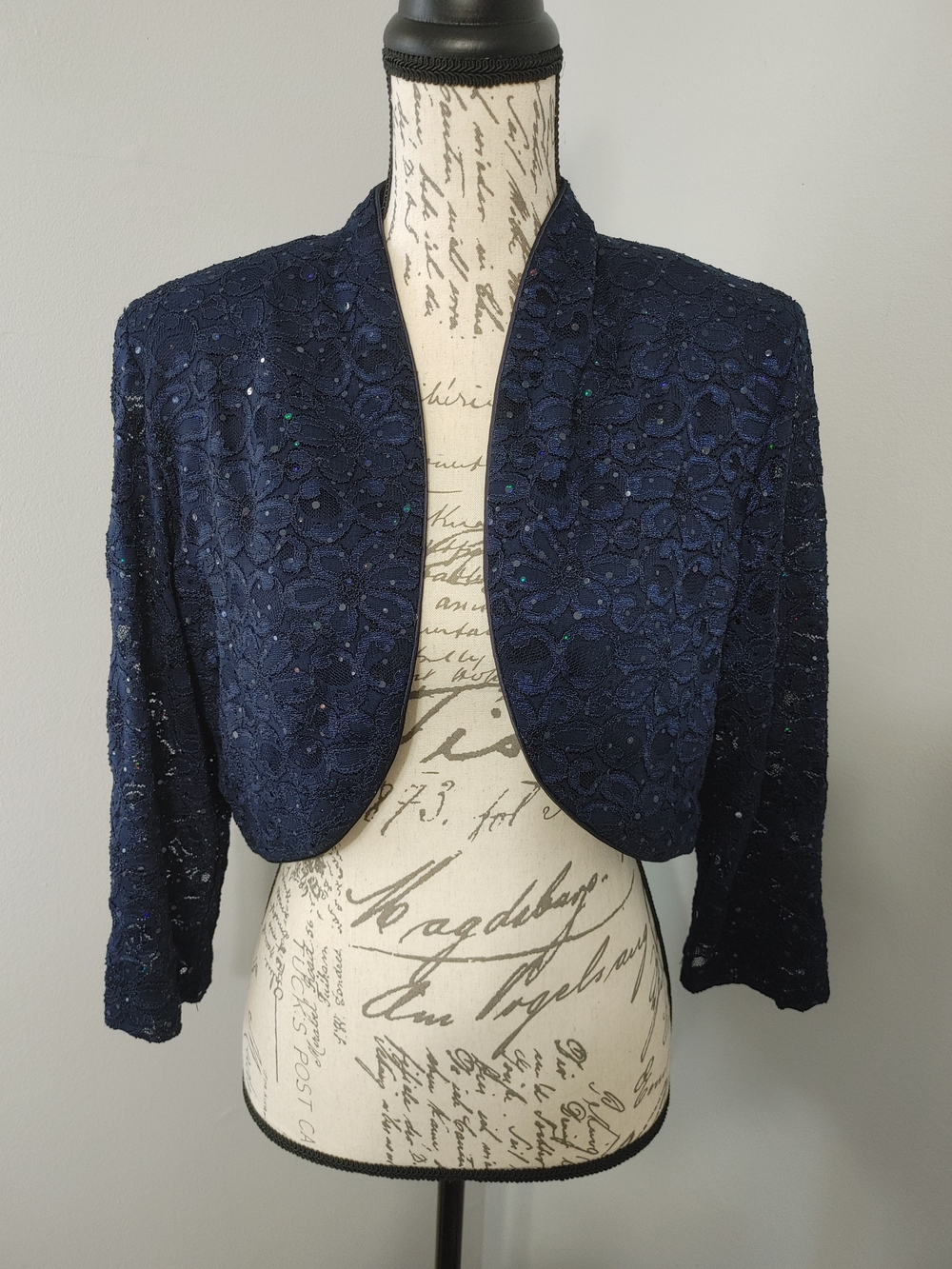 R & M Richards Navy Sequin Floral Embellished Cropped Bolero 14